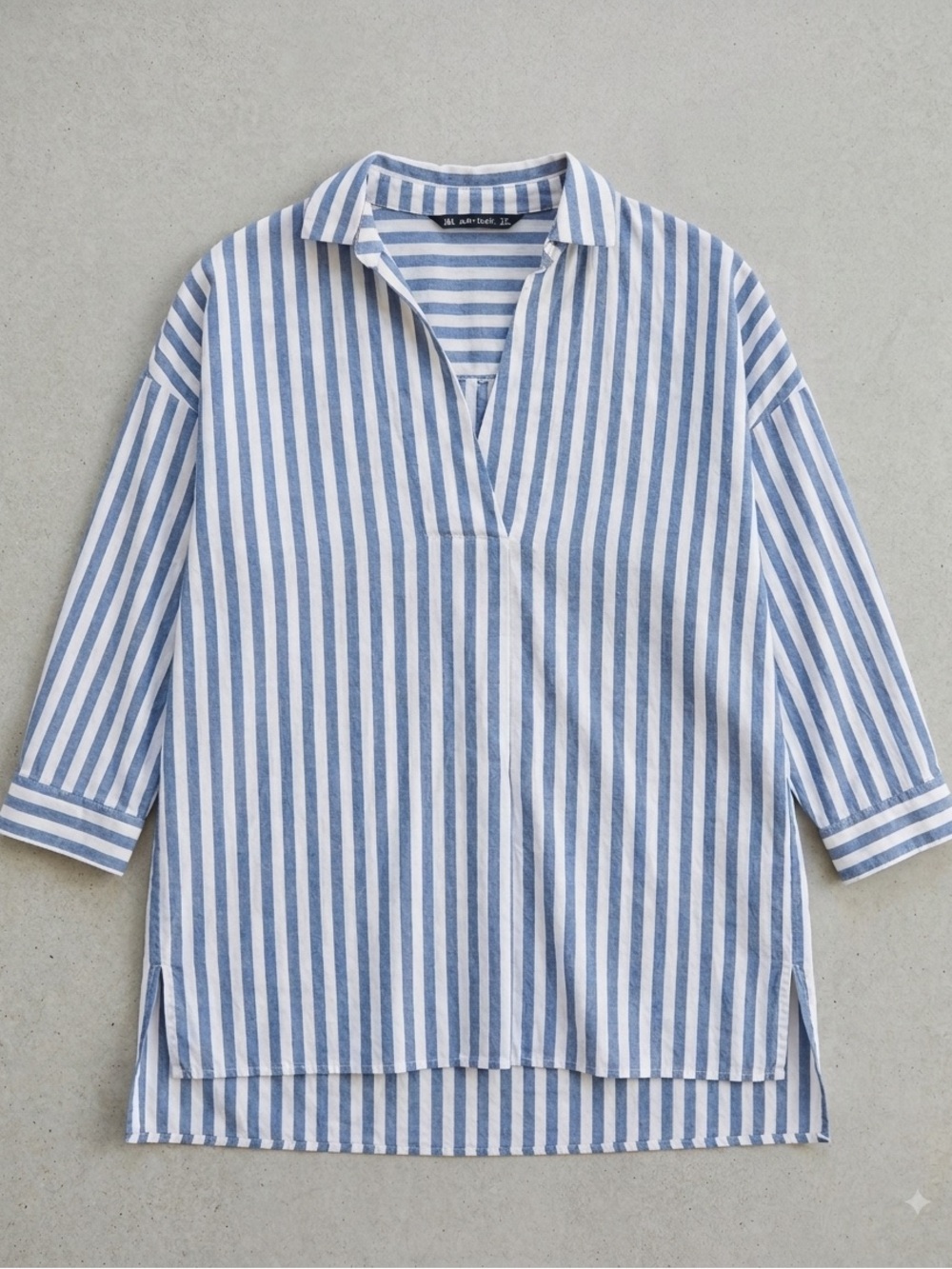 Zara Striped Popover Blouse Tunic VNeck Oversized Coastal Vacation Office Staple